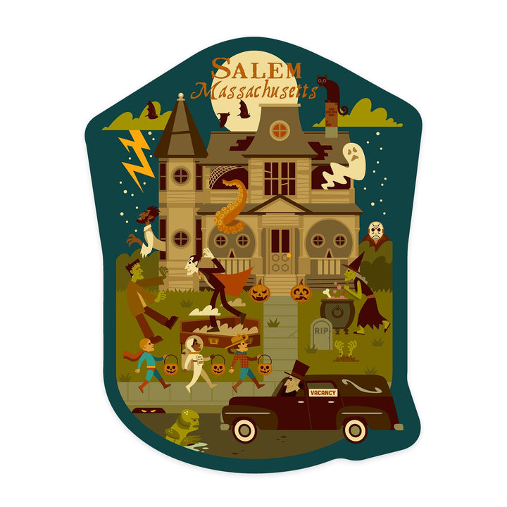 Salem, Massachusetts, Halloween, Geometric, Contour, Lantern Press Artwork, Vinyl Sticker Sticker Lantern Press