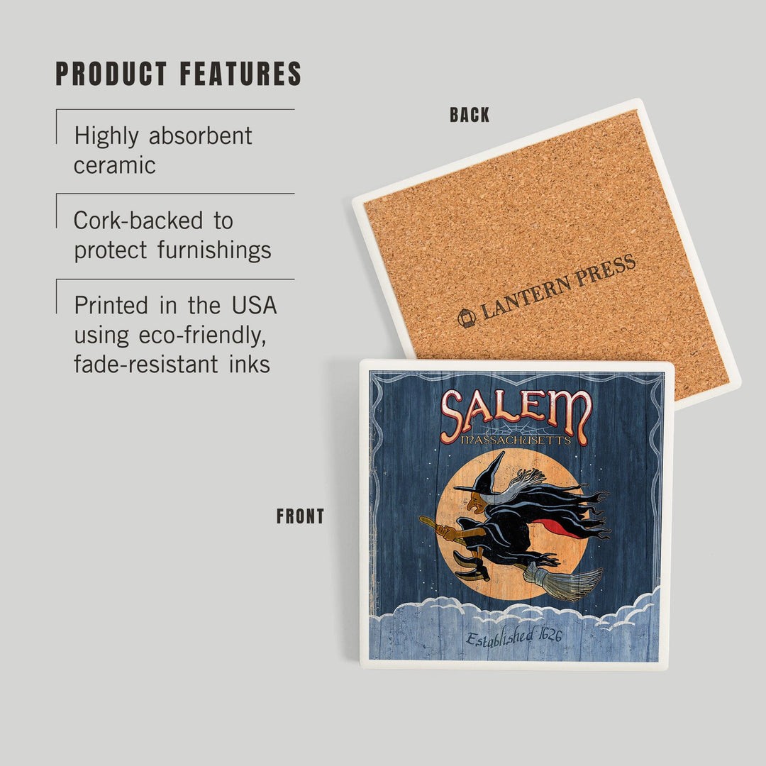 Salem, Massachusetts, Witch Vintage Sign, Coasters Coasters Lantern Press