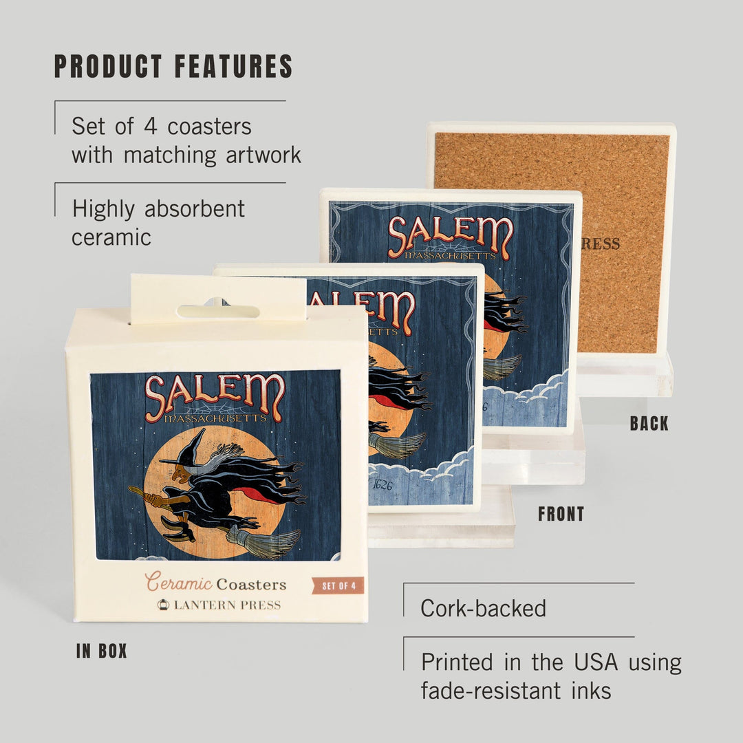 Salem, Massachusetts, Witch Vintage Sign, Coasters Coasters Lantern Press
