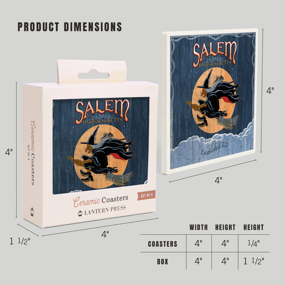 Salem, Massachusetts, Witch Vintage Sign, Coasters Coasters Lantern Press