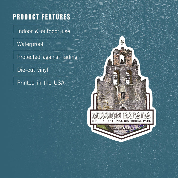 San Antonio Missions National Historical Park, Texas, Mission Espada, Contour, Lantern Press Artwork, Vinyl Sticker Sticker Lantern Press