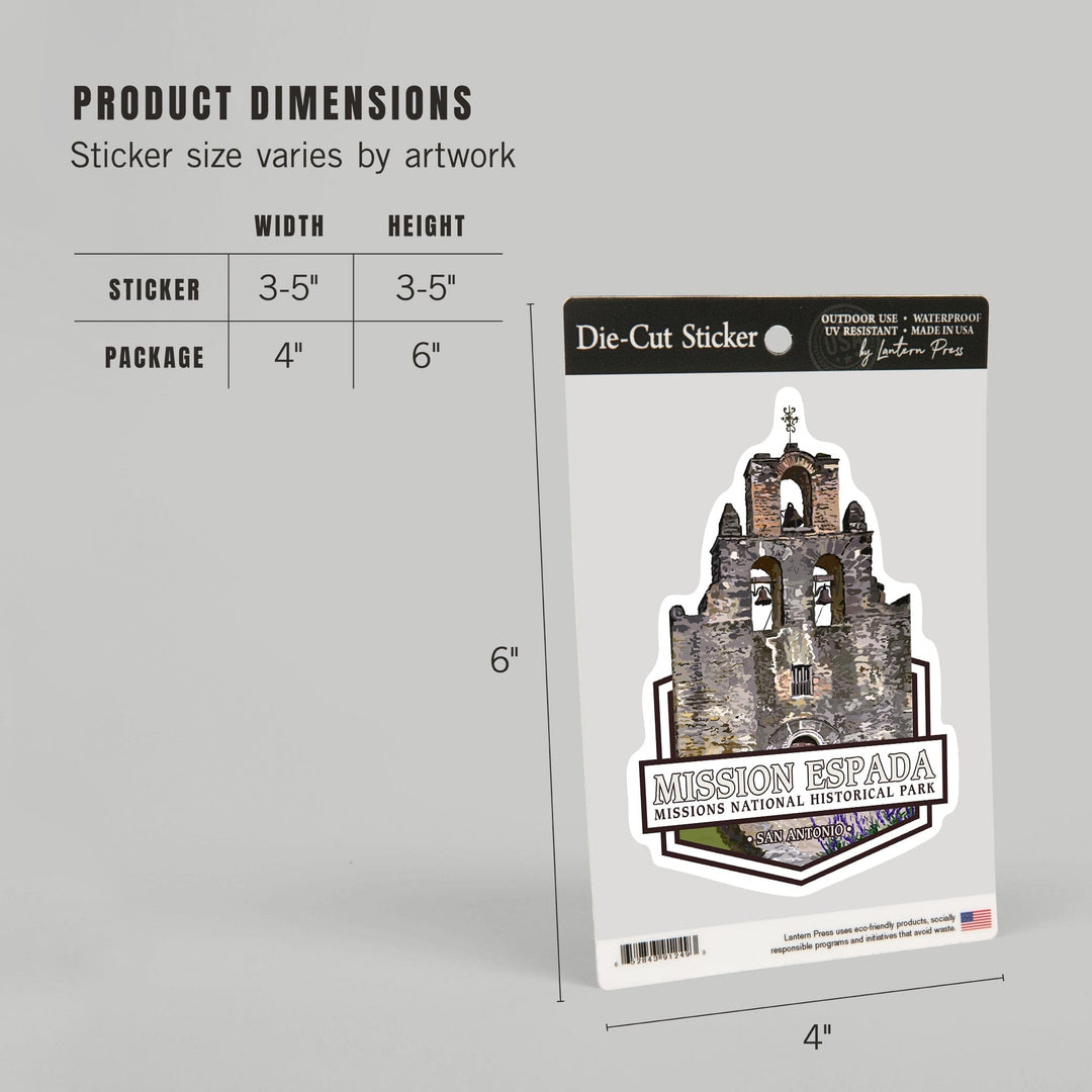 San Antonio Missions National Historical Park, Texas, Mission Espada, Contour, Lantern Press Artwork, Vinyl Sticker Sticker Lantern Press