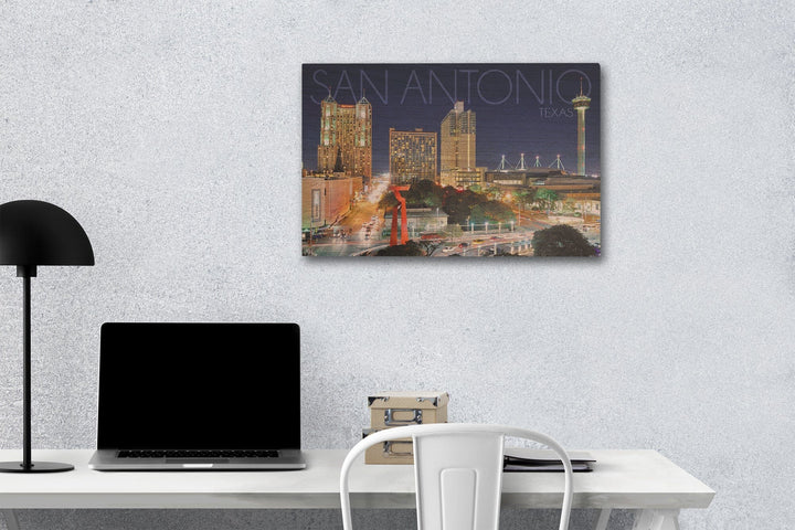 San Antonio, Texas, Skyline at Night, Lantern Press Photography, Wood Signs and Postcards Wood Lantern Press 12 x 18 Wood Gallery Print