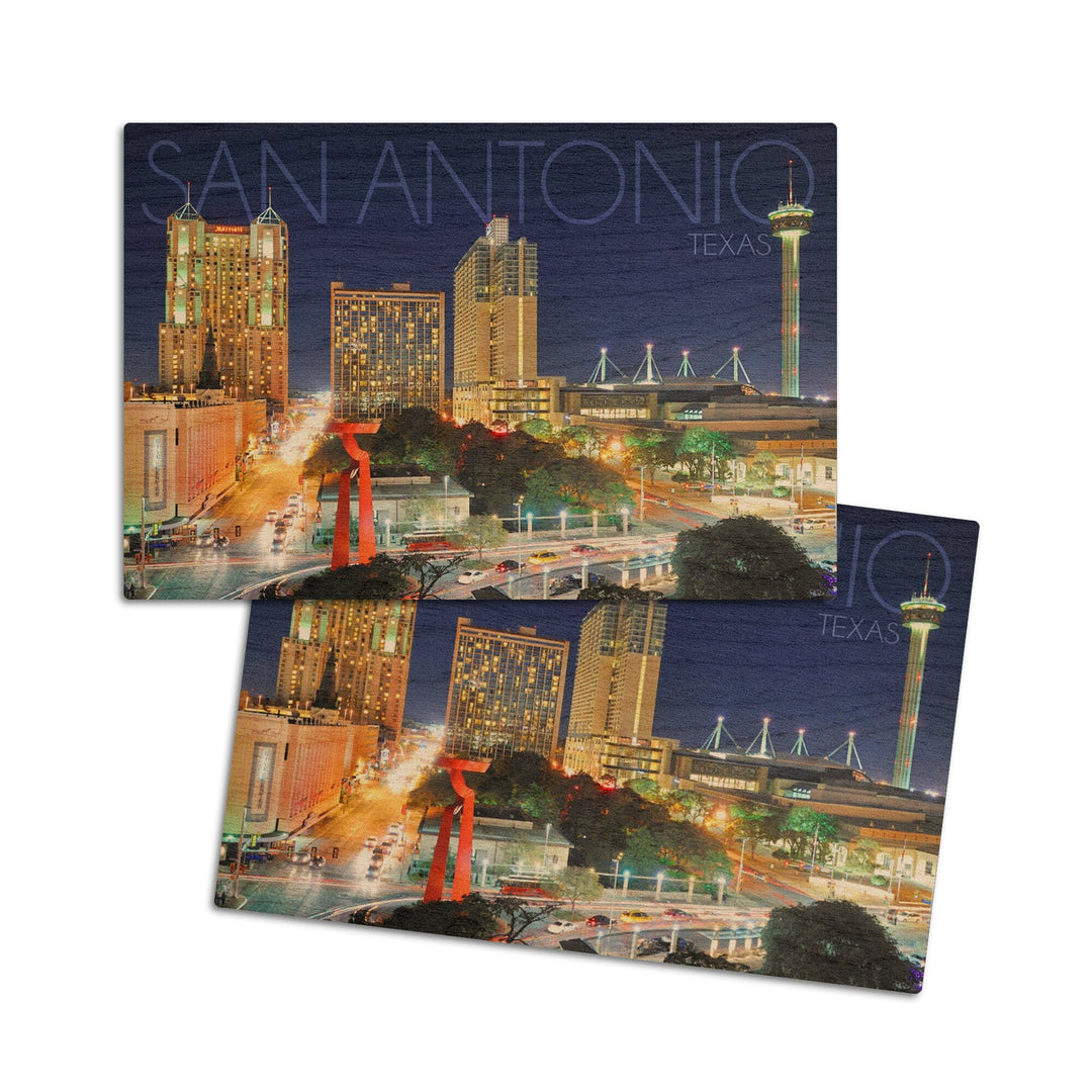 San Antonio, Texas, Skyline at Night, Lantern Press Photography, Wood Signs and Postcards Wood Lantern Press 4x6 Wood Postcard Set
