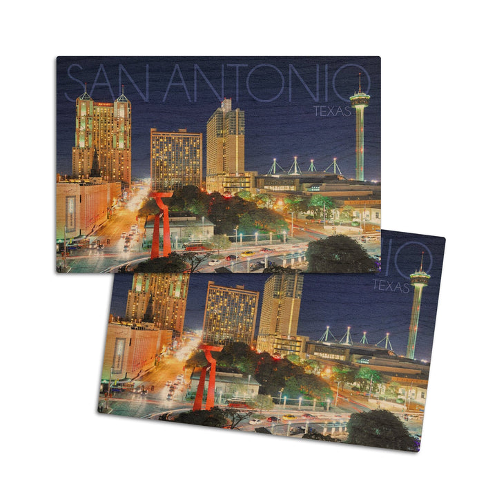 San Antonio, Texas, Skyline at Night, Lantern Press Photography, Wood Signs and Postcards Wood Lantern Press 4x6 Wood Postcard Set