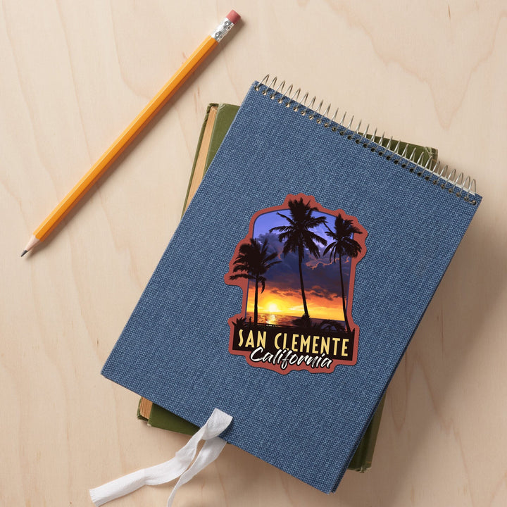 San Clemente, California, Palms & Sunset, Contour, Lantern Press Artwork, Vinyl Sticker Sticker Lantern Press