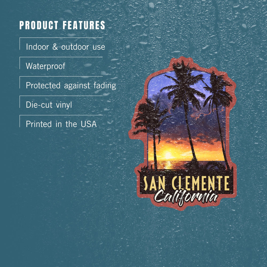 San Clemente, California, Palms & Sunset, Contour, Lantern Press Artwork, Vinyl Sticker Sticker Lantern Press