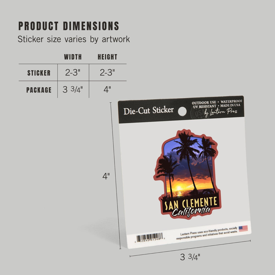 San Clemente, California, Palms & Sunset, Contour, Lantern Press Artwork, Vinyl Sticker Sticker Lantern Press