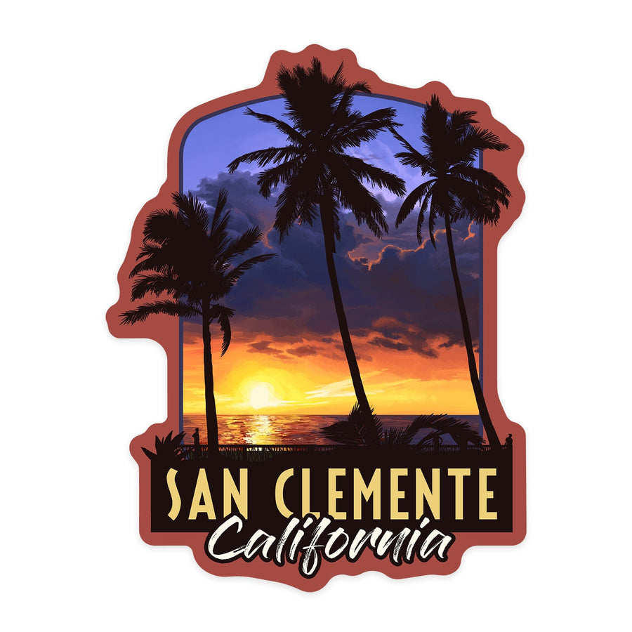San Clemente, California, Palms & Sunset, Contour, Lantern Press Artwork, Vinyl Sticker Sticker Lantern Press