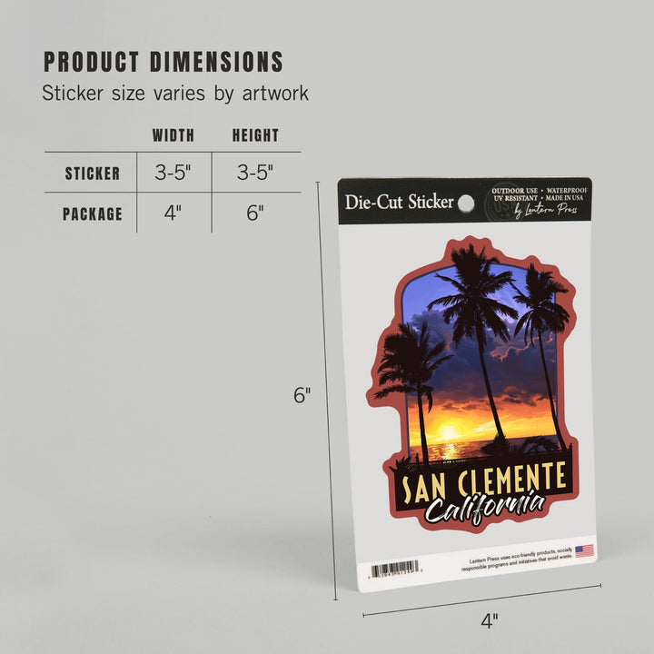 San Clemente, California, Palms & Sunset, Contour, Lantern Press Artwork, Vinyl Sticker Sticker Lantern Press