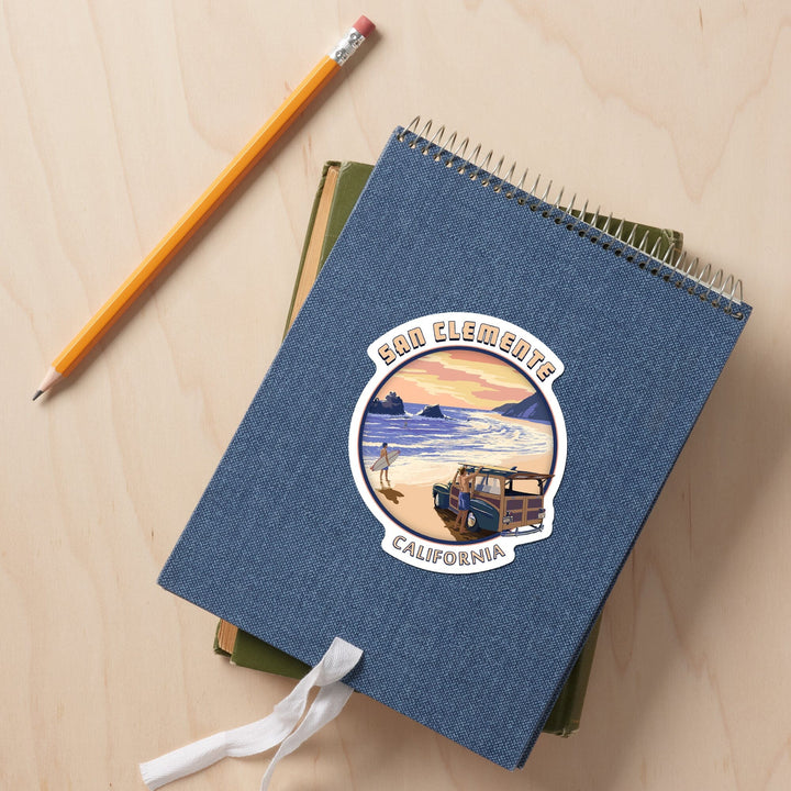 San Clemente, California, Woody on Beach, Contour, Lantern Press Artwork, Vinyl Sticker Sticker Lantern Press