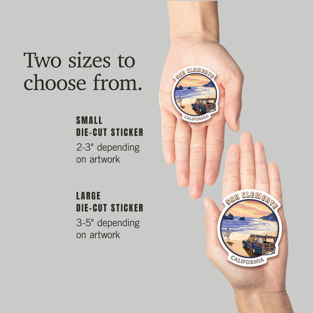 San Clemente, California, Woody on Beach, Contour, Lantern Press Artwork, Vinyl Sticker Sticker Lantern Press