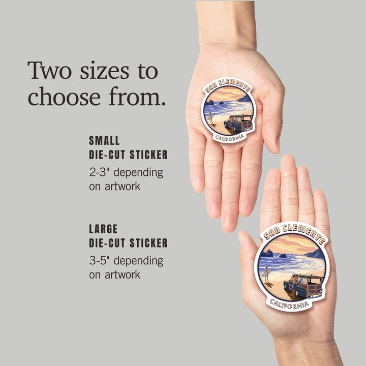 San Clemente, California, Woody on Beach, Contour, Lantern Press Artwork, Vinyl Sticker Sticker Lantern Press