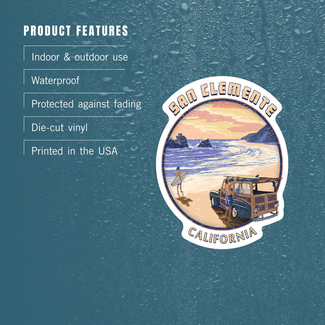San Clemente, California, Woody on Beach, Contour, Lantern Press Artwork, Vinyl Sticker Sticker Lantern Press