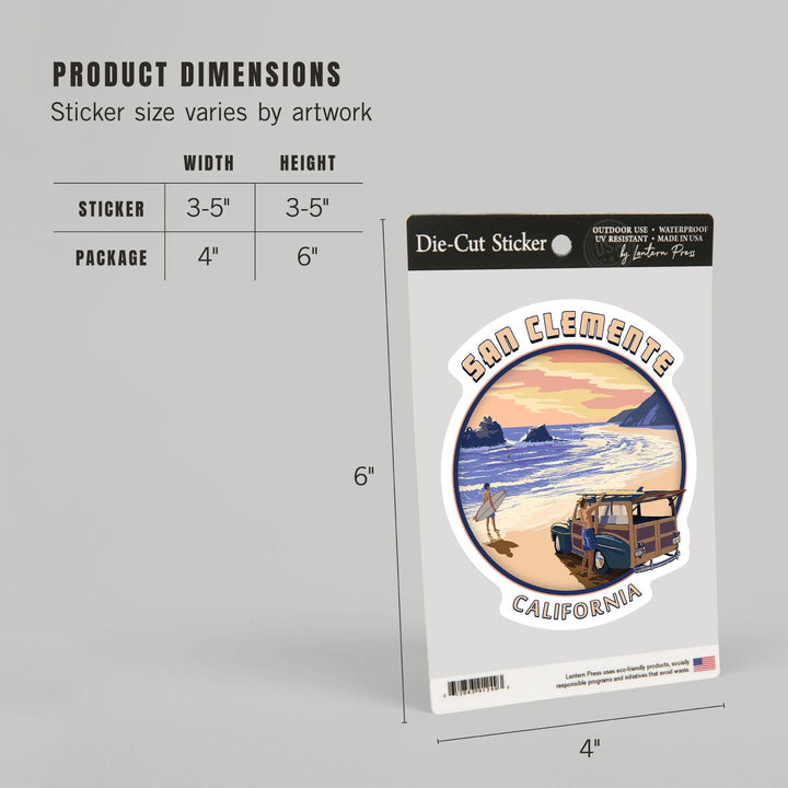 San Clemente, California, Woody on Beach, Contour, Lantern Press Artwork, Vinyl Sticker Sticker Lantern Press
