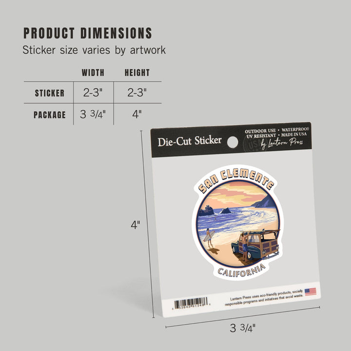 San Clemente, California, Woody on Beach, Contour, Lantern Press Artwork, Vinyl Sticker Sticker Lantern Press