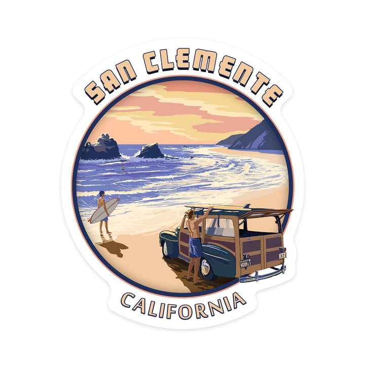 San Clemente, California, Woody on Beach, Contour, Lantern Press Artwork, Vinyl Sticker Sticker Lantern Press