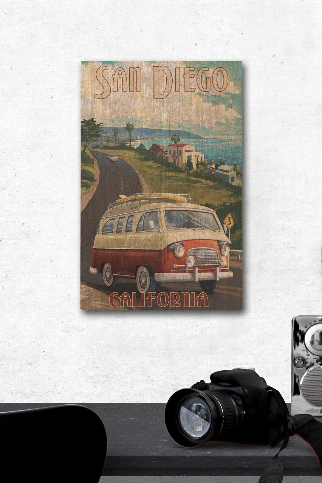 San Diego, California, Camper Van, Lantern Press Artwork, Wood Signs and Postcards Wood Lantern Press 12 x 18 Wood Gallery Print