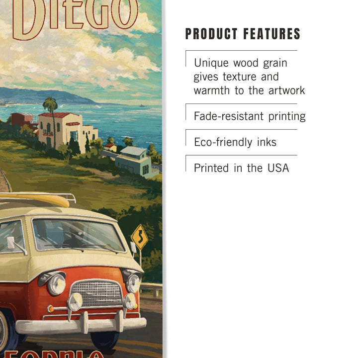 San Diego, California, Camper Van, Lantern Press Artwork, Wood Signs and Postcards Wood Lantern Press