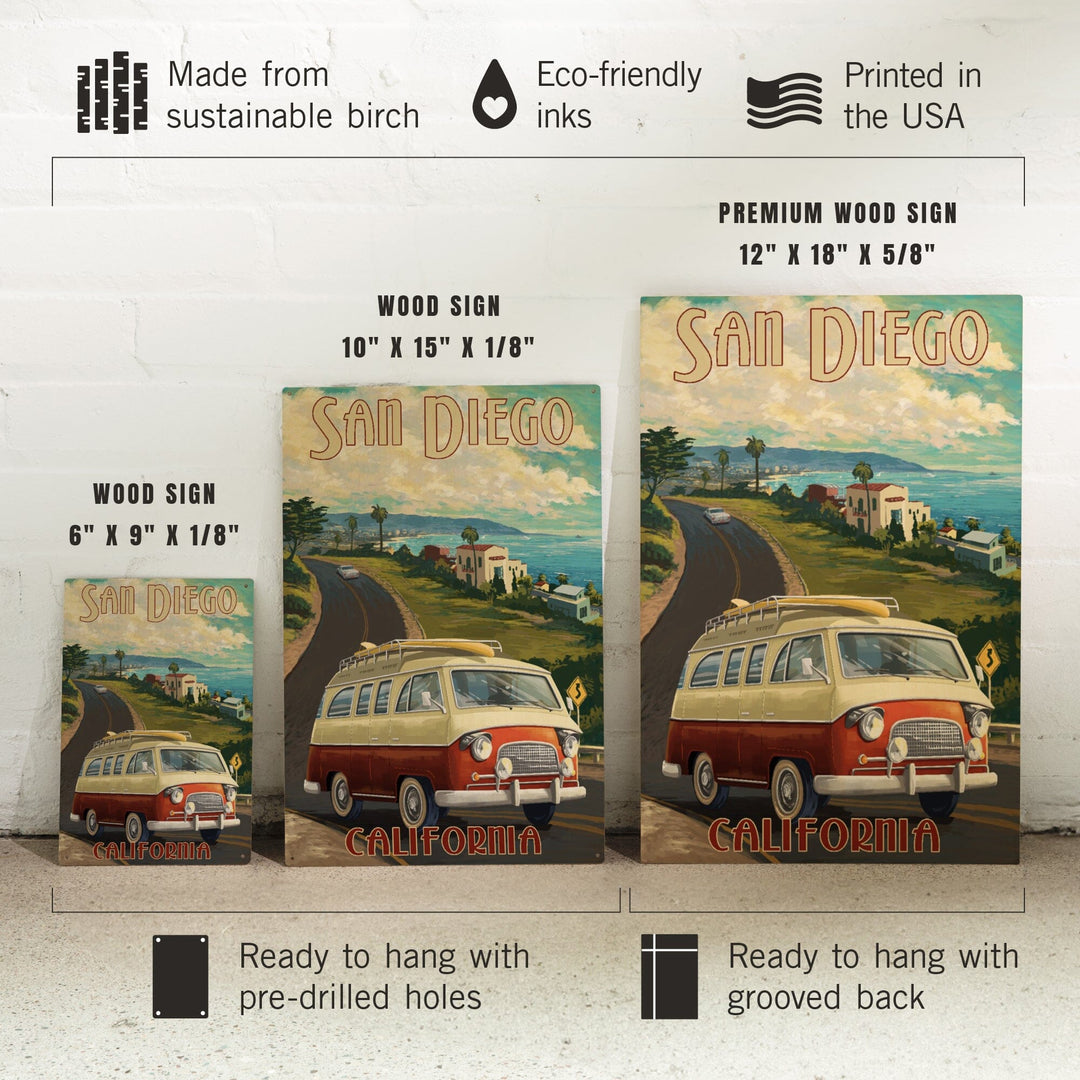 San Diego, California, Camper Van, Lantern Press Artwork, Wood Signs and Postcards Wood Lantern Press