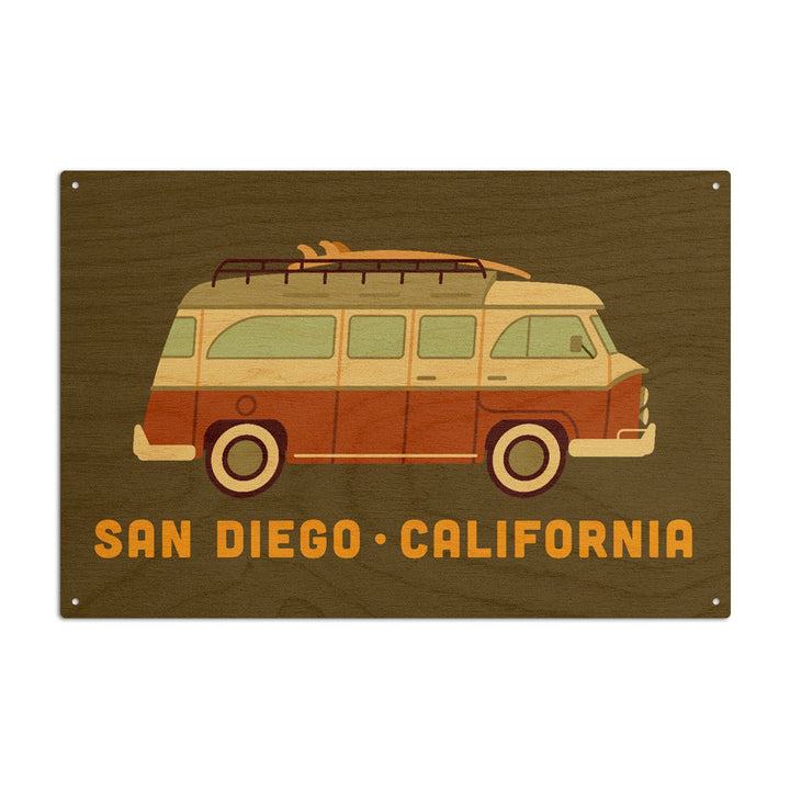 San Diego, California, Camper Van with Surfboard, Geometric, Lantern Press Artwork, Wood Signs and Postcards Wood Lantern Press 10 x 15 Wood Sign