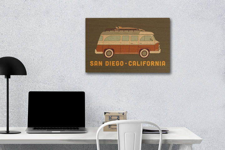 San Diego, California, Camper Van with Surfboard, Geometric, Lantern Press Artwork, Wood Signs and Postcards Wood Lantern Press 12 x 18 Wood Gallery Print