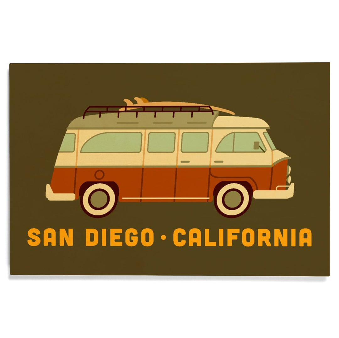 San Diego, California, Camper Van with Surfboard, Geometric, Lantern Press Artwork, Wood Signs and Postcards Wood Lantern Press