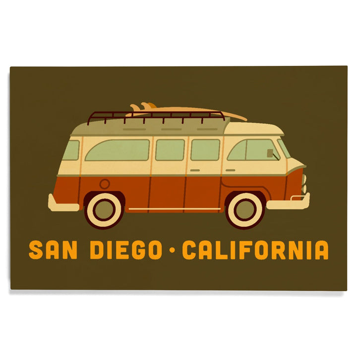 San Diego, California, Camper Van with Surfboard, Geometric, Lantern Press Artwork, Wood Signs and Postcards Wood Lantern Press
