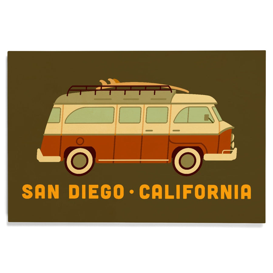 San Diego, California, Camper Van with Surfboard, Geometric, Lantern Press Artwork, Wood Signs and Postcards Wood Lantern Press