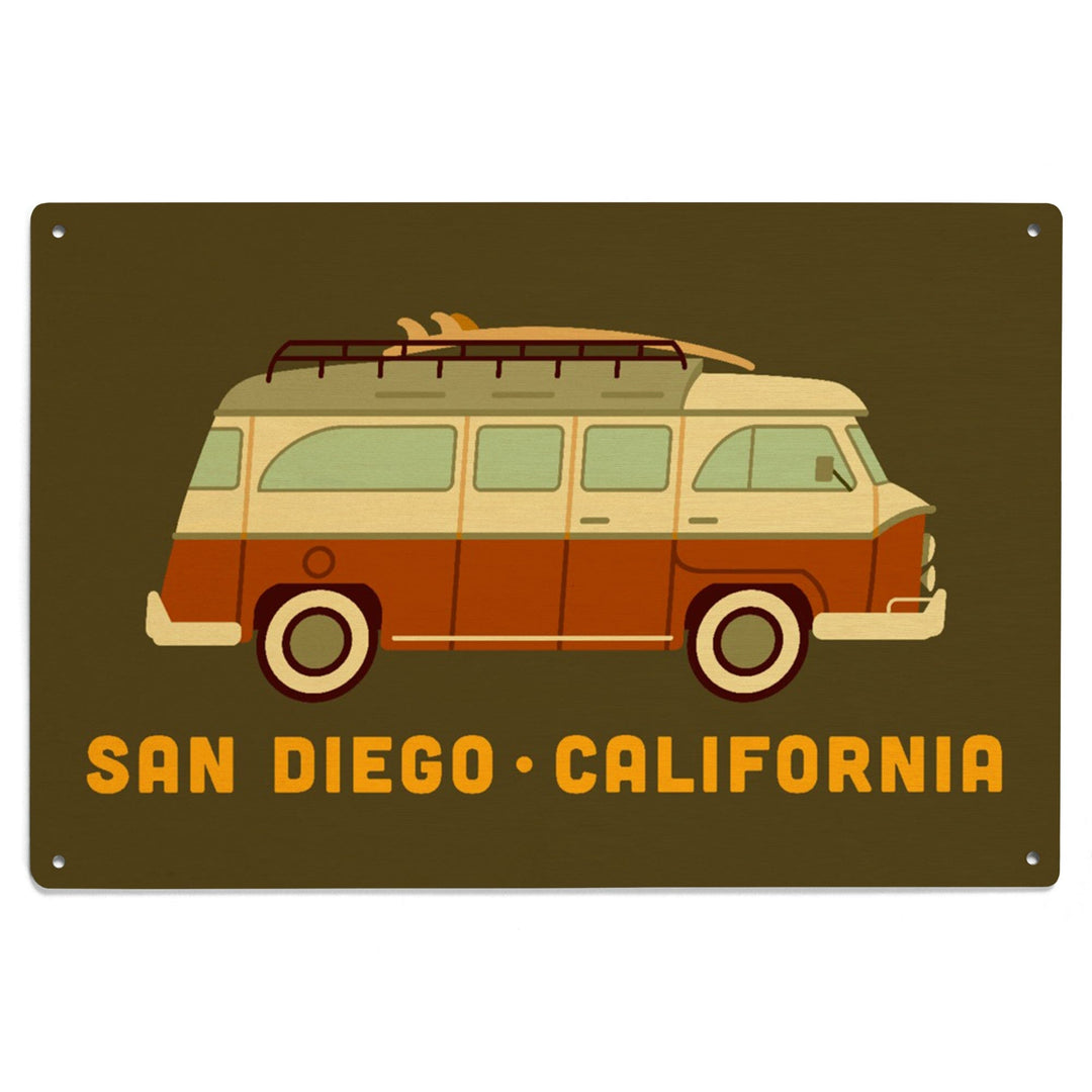 San Diego, California, Camper Van with Surfboard, Geometric, Lantern Press Artwork, Wood Signs and Postcards Wood Lantern Press