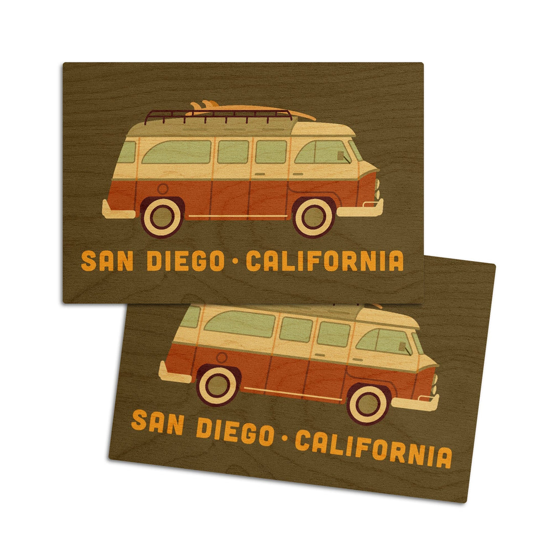 San Diego, California, Camper Van with Surfboard, Geometric, Lantern Press Artwork, Wood Signs and Postcards Wood Lantern Press 4x6 Wood Postcard Set