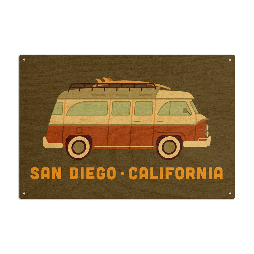 San Diego, California, Camper Van with Surfboard, Geometric, Lantern Press Artwork, Wood Signs and Postcards Wood Lantern Press 6x9 Wood Sign