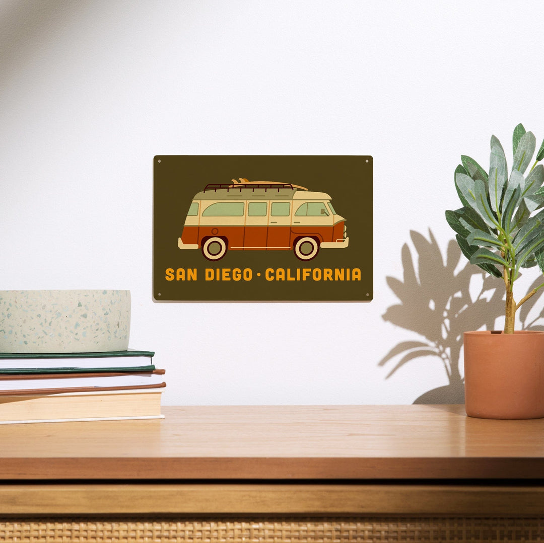 San Diego, California, Camper Van with Surfboard, Geometric, Lantern Press Artwork, Wood Signs and Postcards Wood Lantern Press