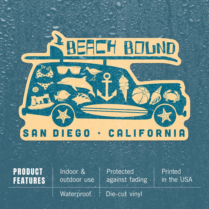 San Diego, California, Coastal Icons, Contour, Lantern Press Artwork, Vinyl Sticker Sticker Lantern Press
