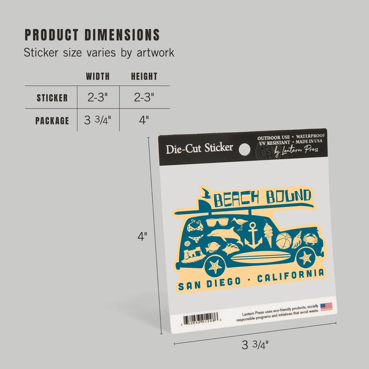 San Diego, California, Coastal Icons, Contour, Lantern Press Artwork, Vinyl Sticker Sticker Lantern Press