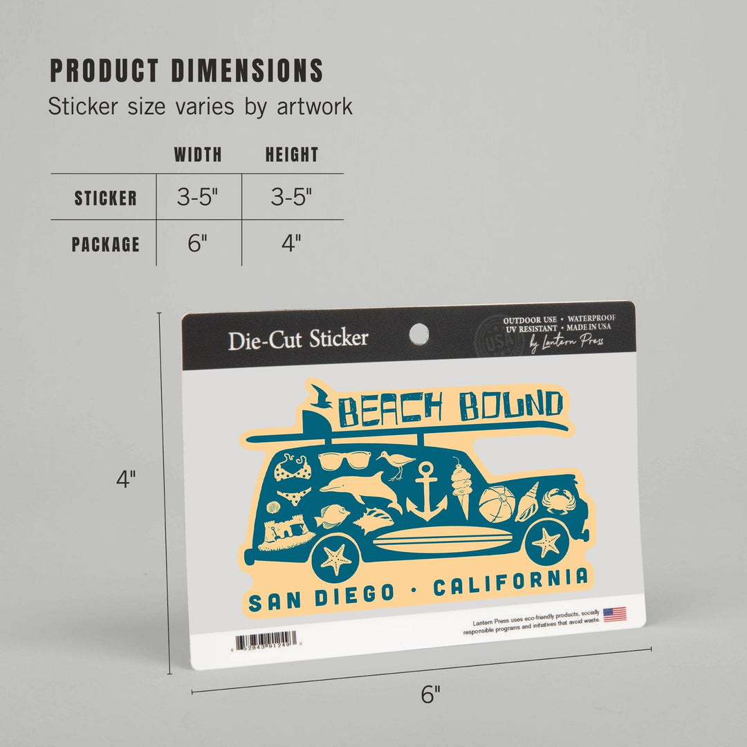 San Diego, California, Coastal Icons, Contour, Lantern Press Artwork, Vinyl Sticker Sticker Lantern Press