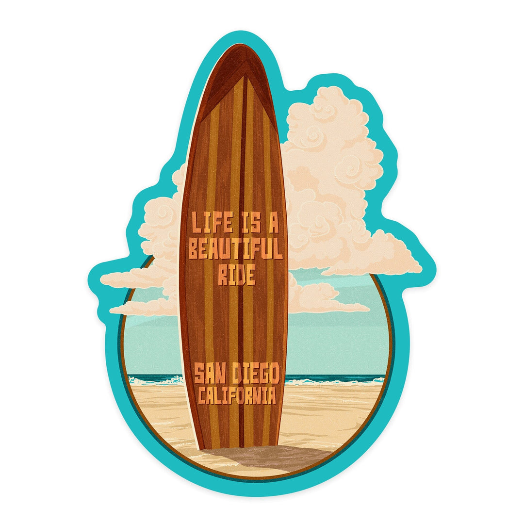 San Diego, California, Life is a Beautiful Ride, Surfboard, Letterpress, Contour, Lantern Press Artwork, Vinyl Sticker Sticker Lantern Press