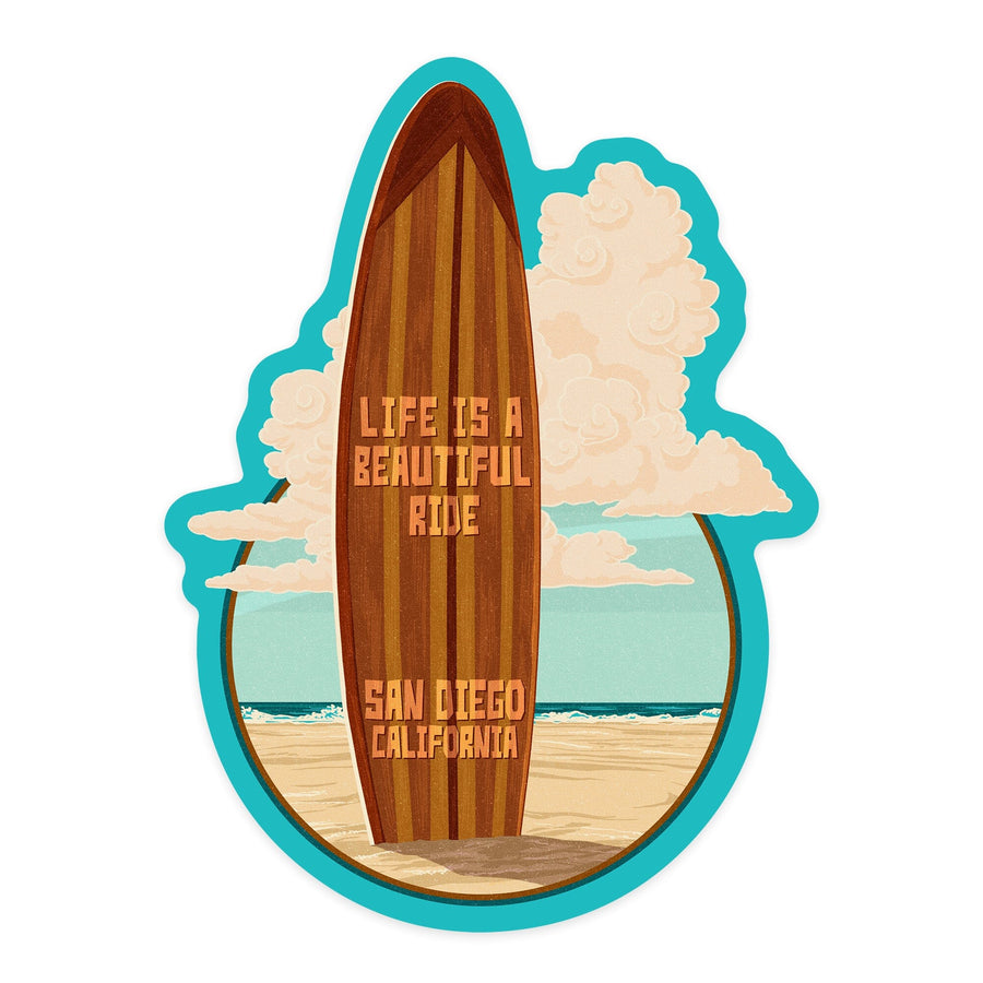San Diego, California, Life is a Beautiful Ride, Surfboard, Letterpress, Contour, Lantern Press Artwork, Vinyl Sticker Sticker Lantern Press