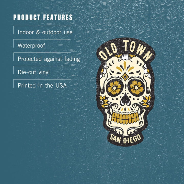 San Diego, California, Old Town, Sugar Skull & Flower Pattern (Black & Gold), Contour, Lantern Press Artwork, Vinyl Sticker Sticker Lantern Press