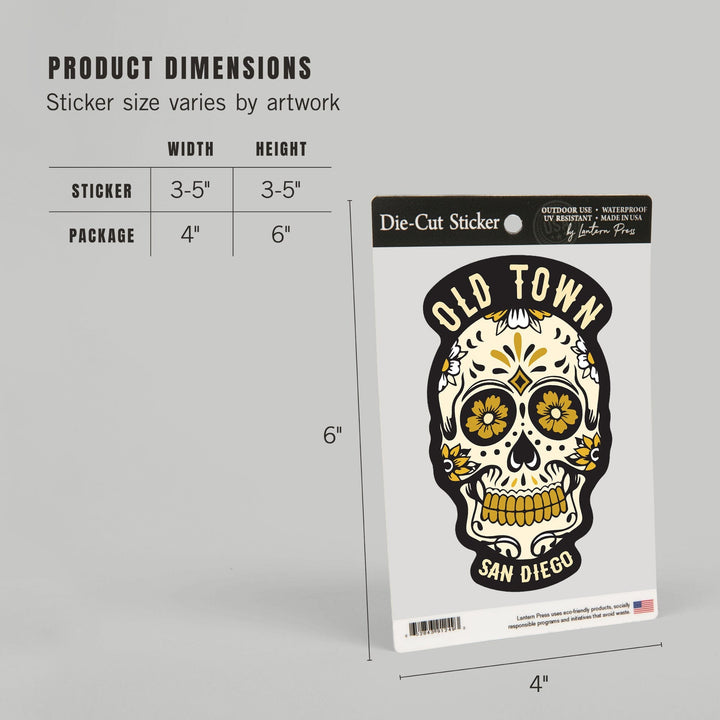 San Diego, California, Old Town, Sugar Skull & Flower Pattern (Black & Gold), Contour, Lantern Press Artwork, Vinyl Sticker Sticker Lantern Press