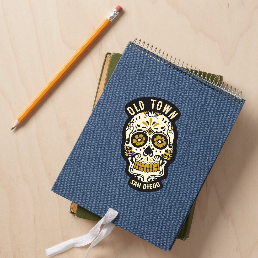San Diego, California, Old Town, Sugar Skull & Flower Pattern (Black & Gold), Contour, Lantern Press Artwork, Vinyl Sticker Sticker Lantern Press