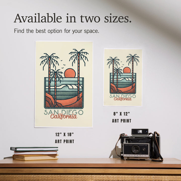 San Diego, California, Palm Trees and Beach Scene, Block Lines, Art & Giclee Prints Art Lantern Press