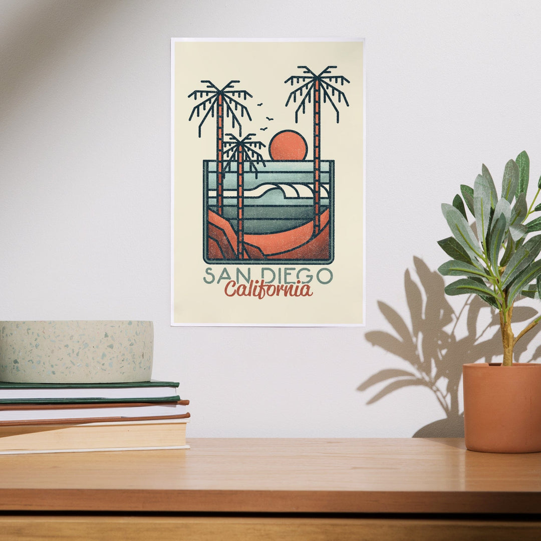 San Diego, California, Palm Trees and Beach Scene, Block Lines, Art & Giclee Prints Art Lantern Press