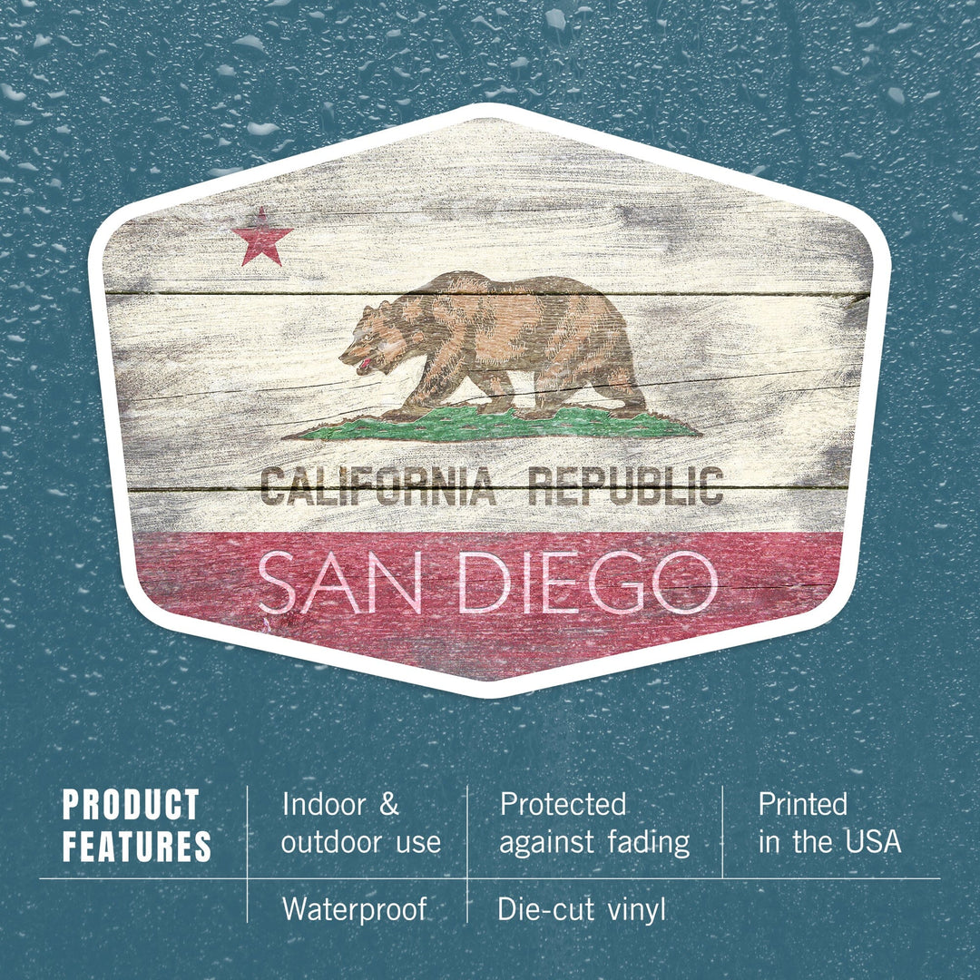 San Diego, California, Rustic California State Flag, Contour, Lantern Press Artwork, Vinyl Sticker Sticker Lantern Press