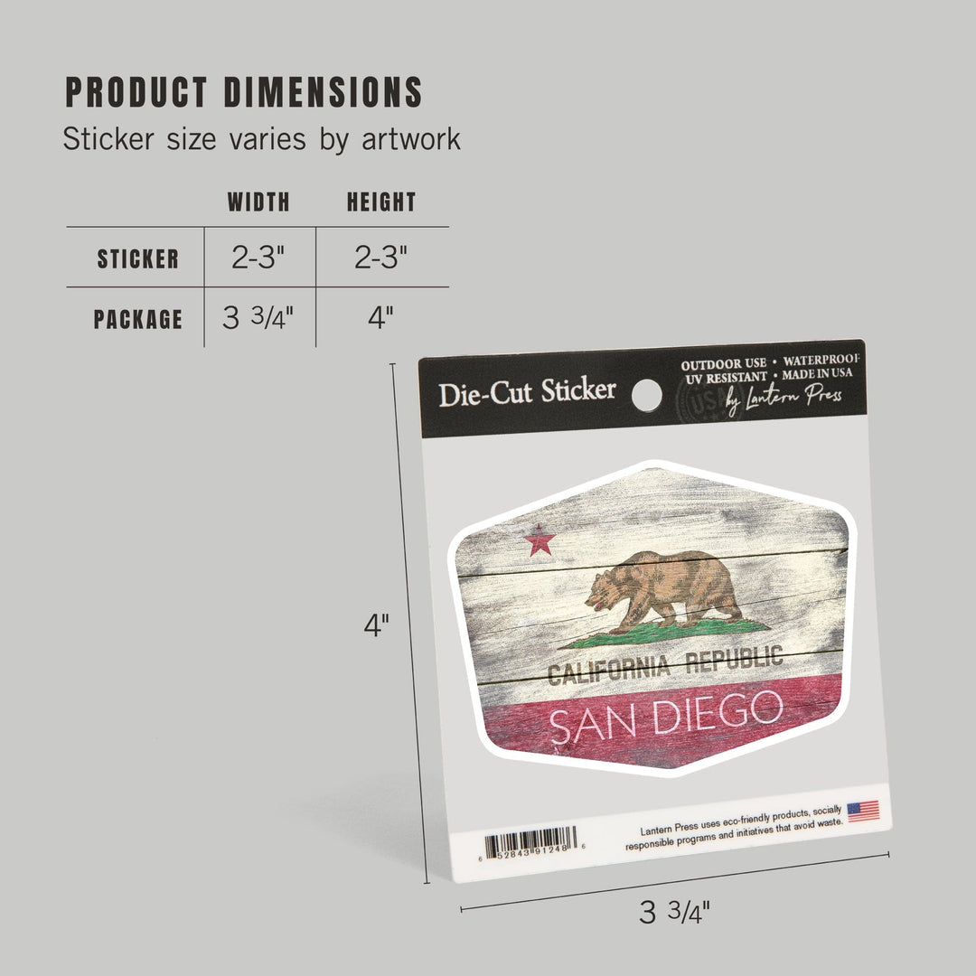 San Diego, California, Rustic California State Flag, Contour, Lantern Press Artwork, Vinyl Sticker Sticker Lantern Press
