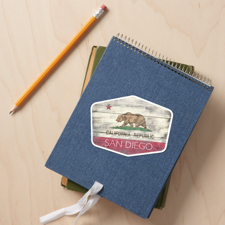 San Diego, California, Rustic California State Flag, Contour, Lantern Press Artwork, Vinyl Sticker Sticker Lantern Press