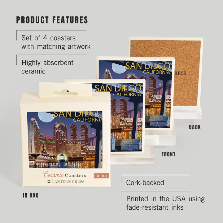 San Diego, California, Skyline at Night, Coasters Coasters Lantern Press