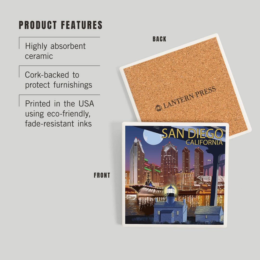 San Diego, California, Skyline at Night, Coasters Coasters Lantern Press