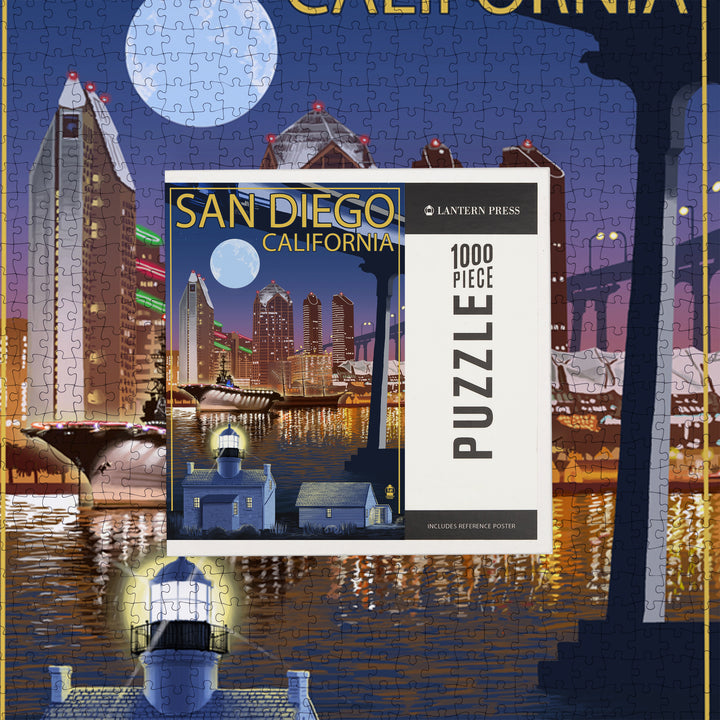 San Diego, California, Skyline at Night, Jigsaw Puzzle Puzzle Lantern Press