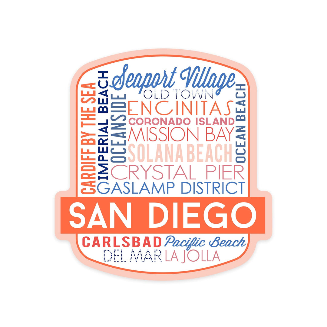 San Diego, California, Typography, Contour, Lantern Press Artwork, Vinyl Sticker Sticker Lantern Press